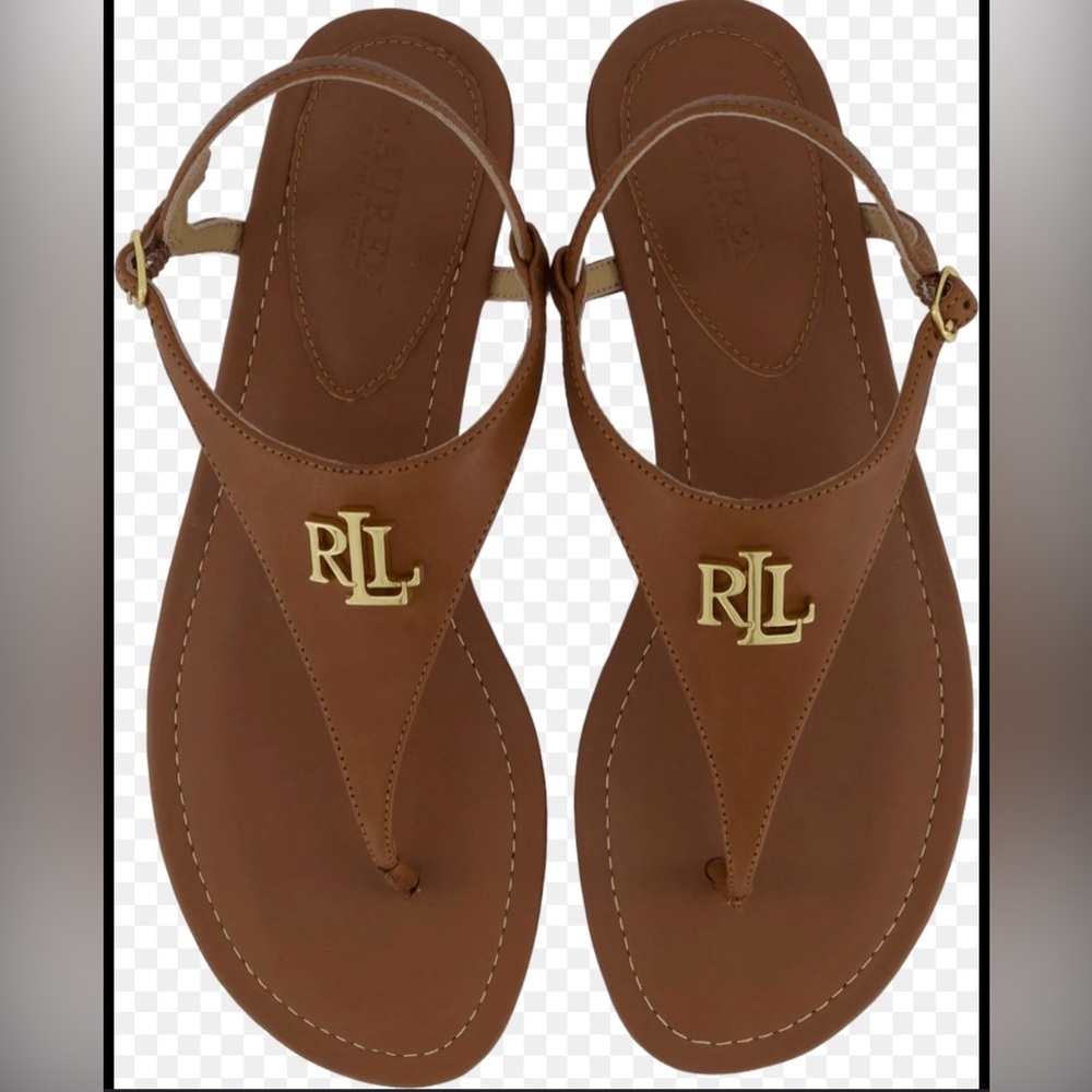 LAUREN RALPH LAUREN Womens Ellington Brown Leather Gold Logo Sandals Size 9